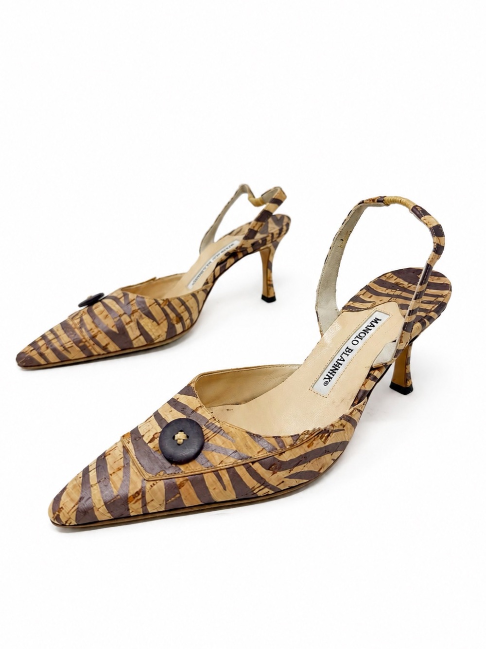 Manolo Blahnik Carolyne Brown Zebra Print Cork Slingback Heels Womens Size EU 36